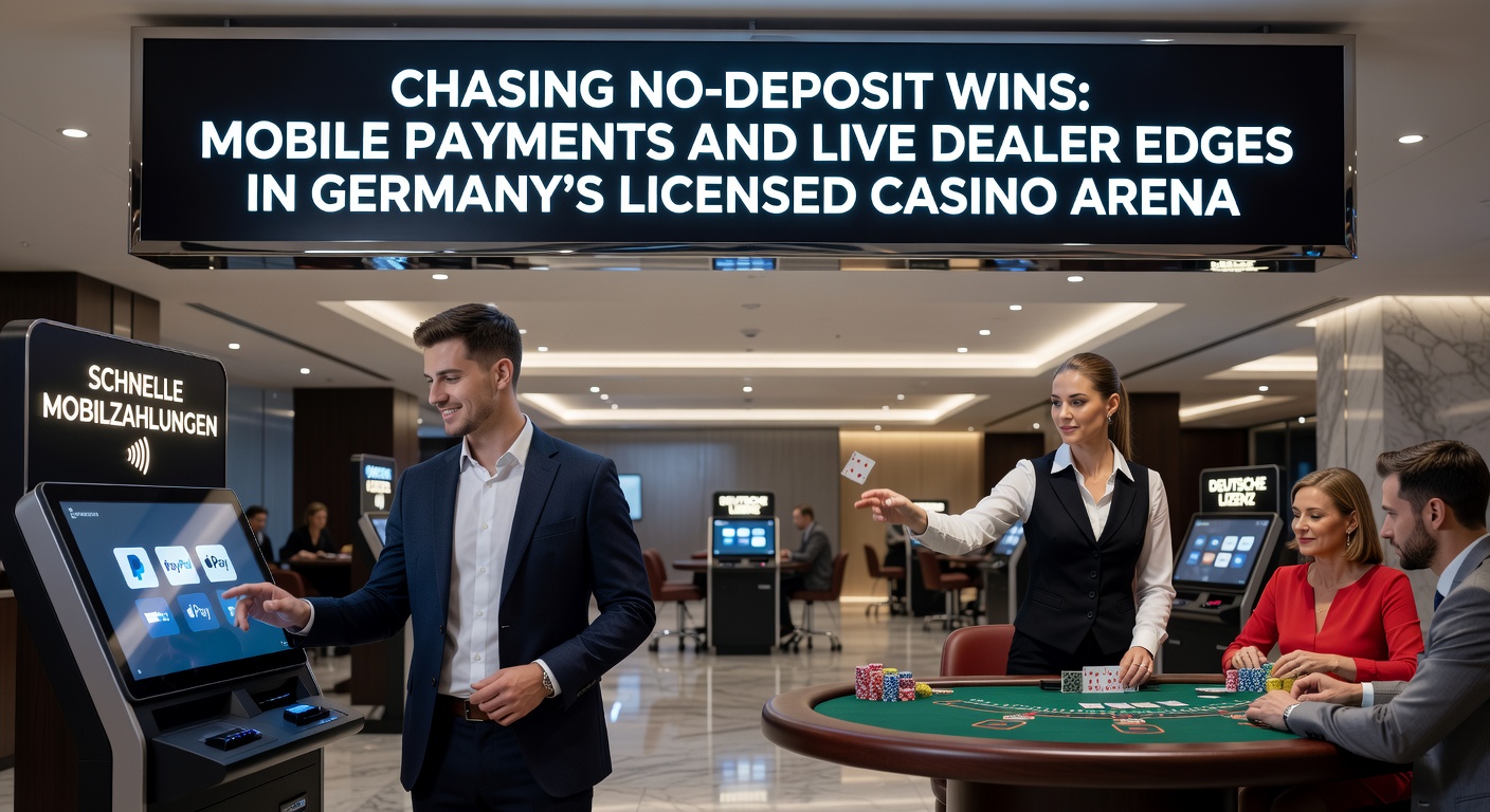 Smartphone mit Casino-App und Live-Dealer-Tisch im Vordergrund, umgeben von deutschen Regulierungs-Symbolen