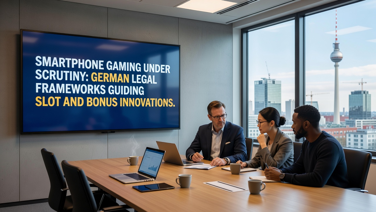 Regulatorische Dokumente und Smartphone-Screens mit Slot-Spielen und Bonusanzeigen